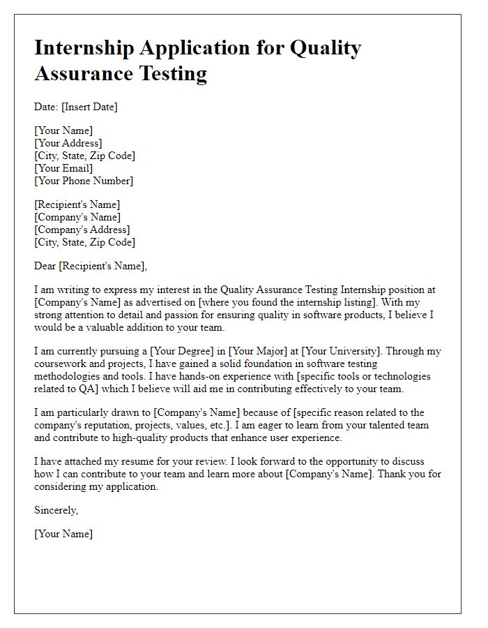 Letter template of internship application for quality assurance testing