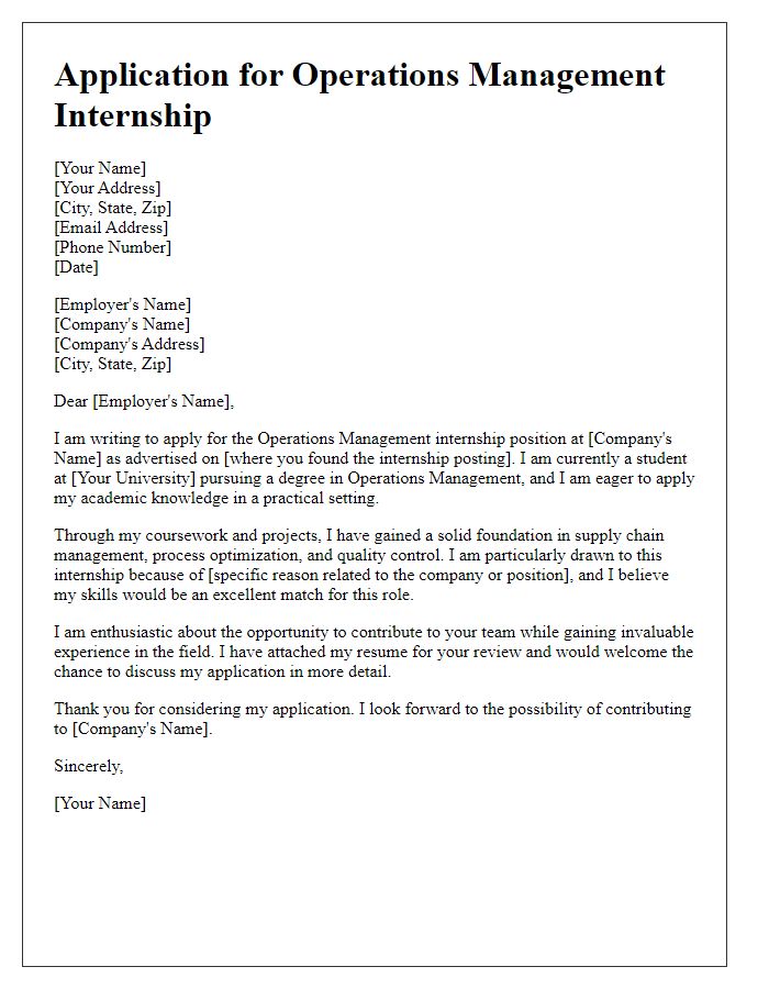 Letter template of application for operations management student internship