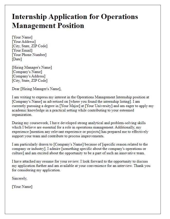 Letter template of internship application for operations management position