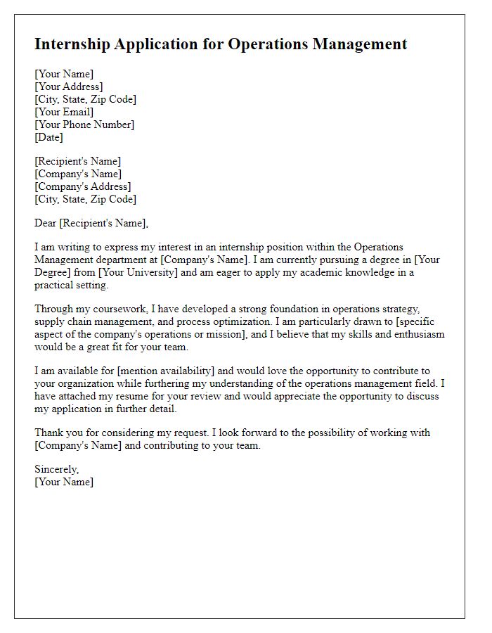 Letter template of internship request in operations management sector