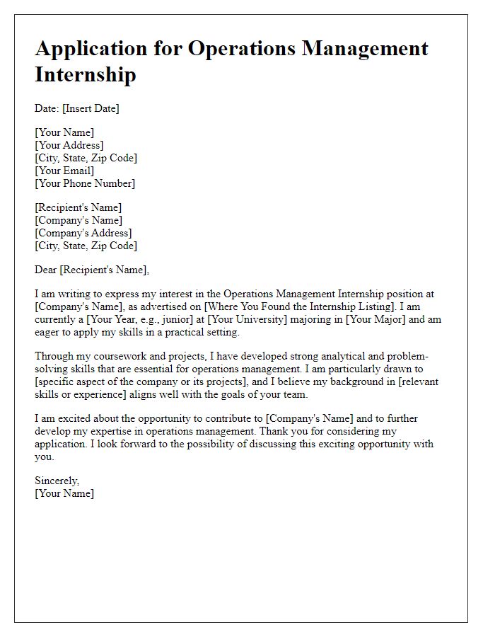 Letter template of operations management internship application