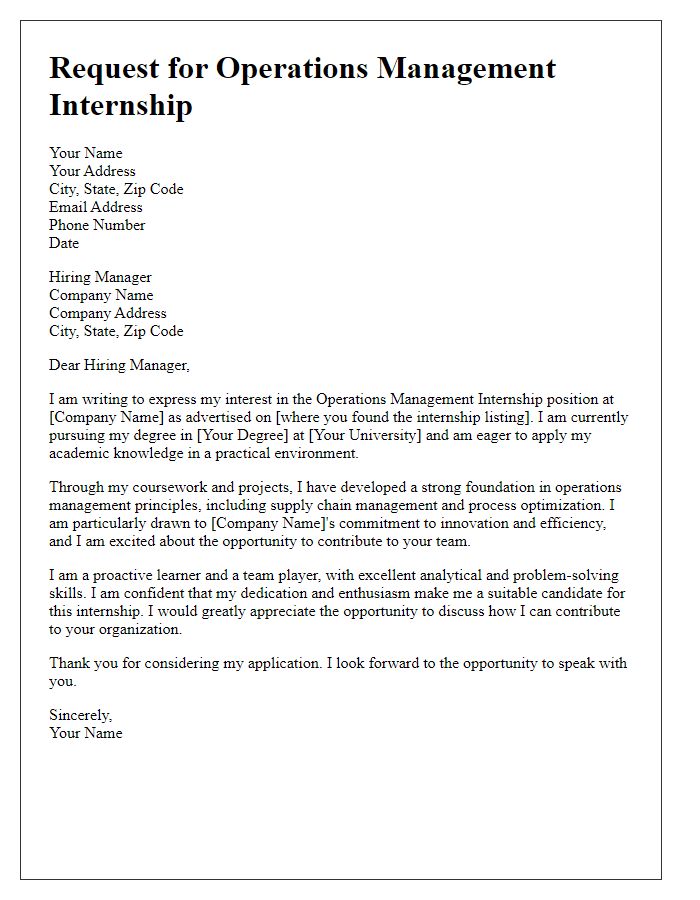 Letter template of operations management internship request