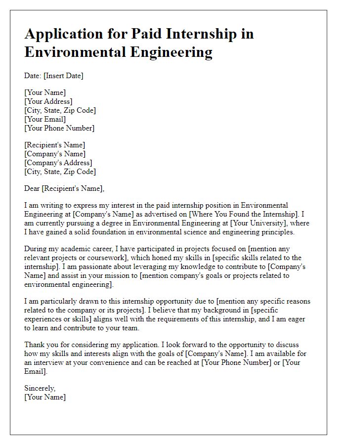 Letter template of application for a paid internship in environmental engineering