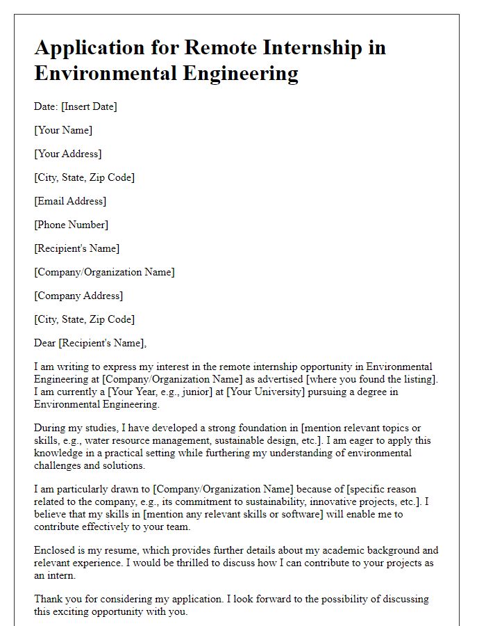 Letter template of application for remote internship in environmental engineering