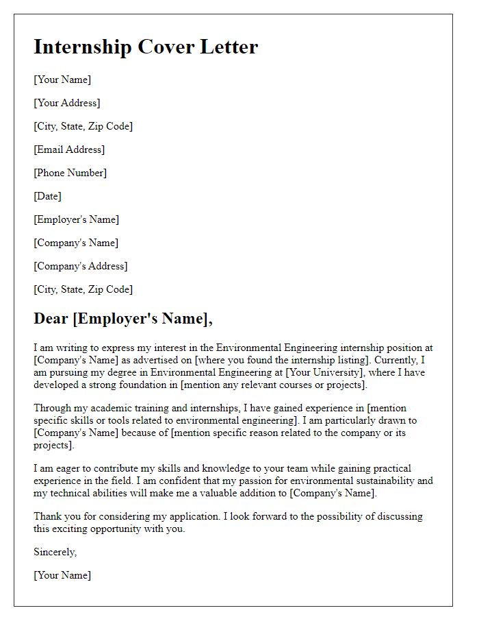 Letter template of environmental engineering internship cover letter