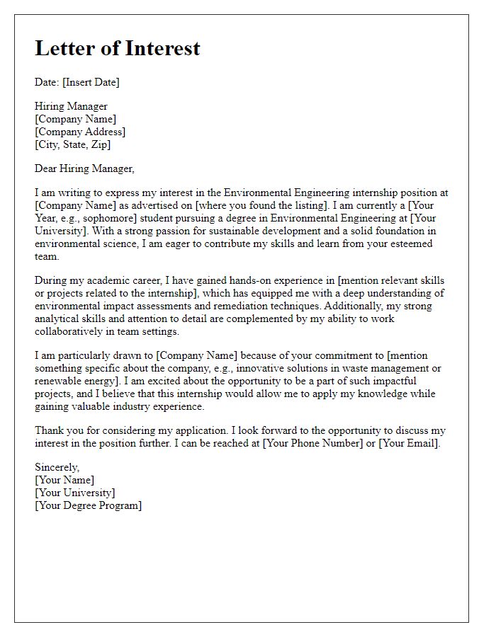 Letter template of express interest in environmental engineering internship