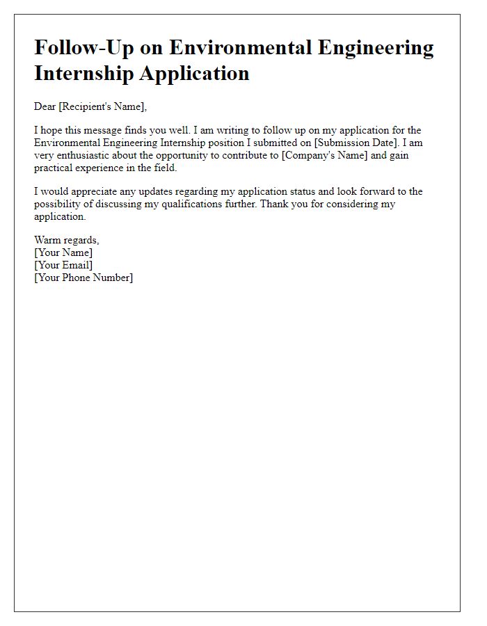 Letter template of follow-up on environmental engineering internship application