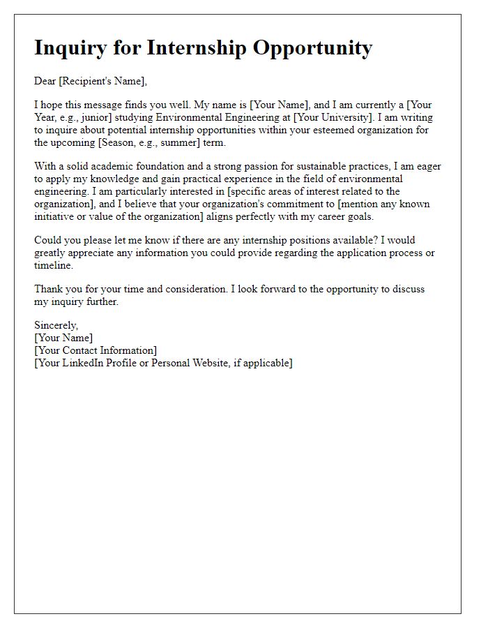 Letter template of inquiry for environmental engineering internship availability