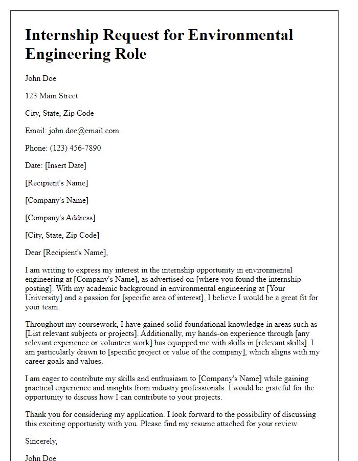 Letter template of internship request for environmental engineering role