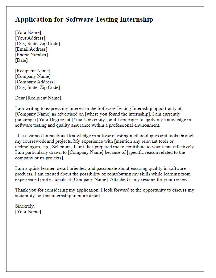 Letter template of Application for Software Testing Internship Opportunity