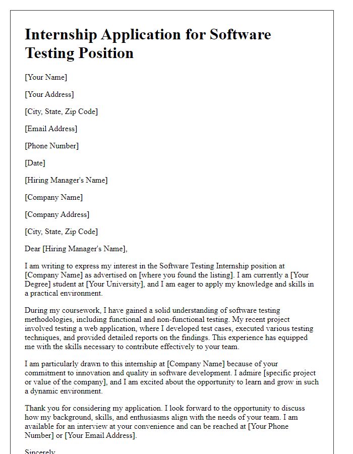 Letter template of Internship Application for Software Testing Position