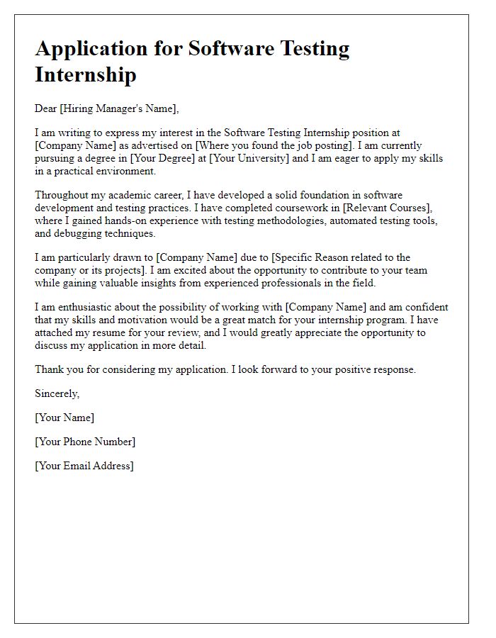 Letter template of Seeking Internship in Software Testing Field