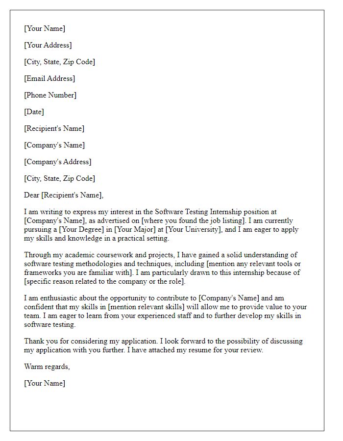 Letter template of Software Testing Internship Application Letter