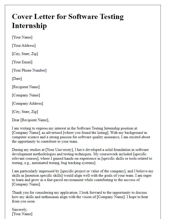 Letter template of Software Testing Internship Cover Letter