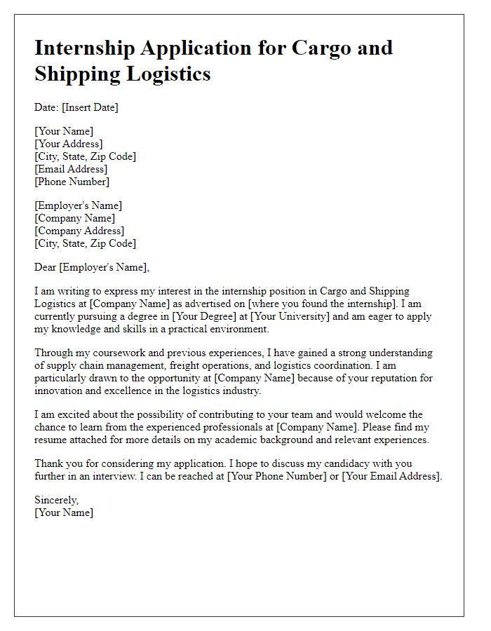 Letter template of internship application for cargo and shipping logistics.