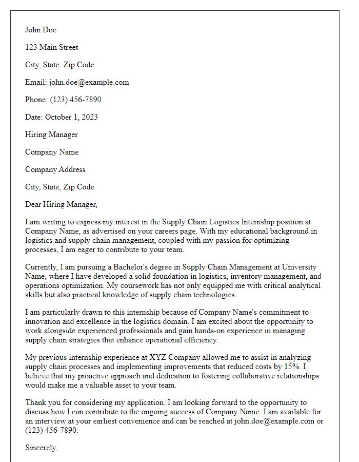 Letter template of internship application focused on supply chain logistics.