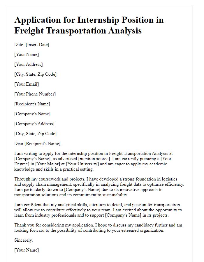 Letter template of internship application for freight transportation analysis.