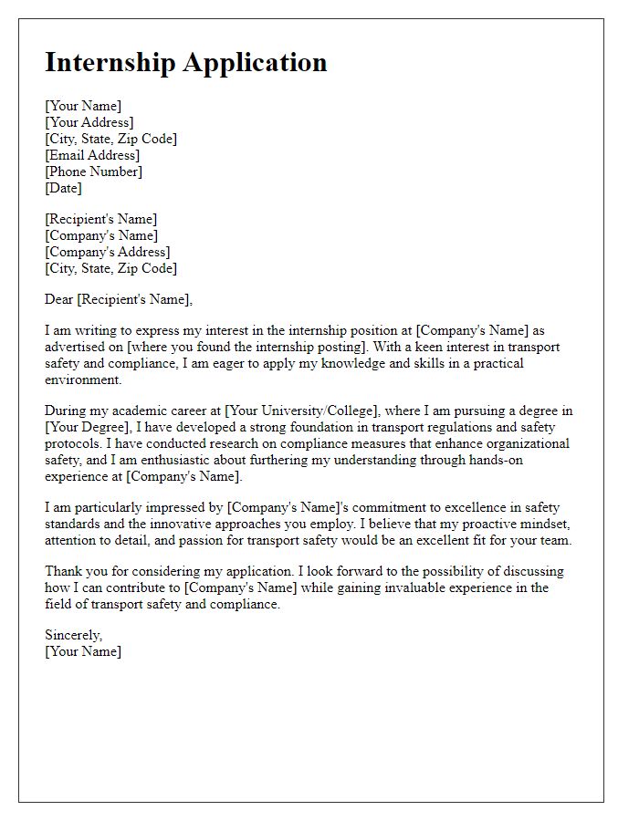 Letter template of internship application highlighting transport safety and compliance.