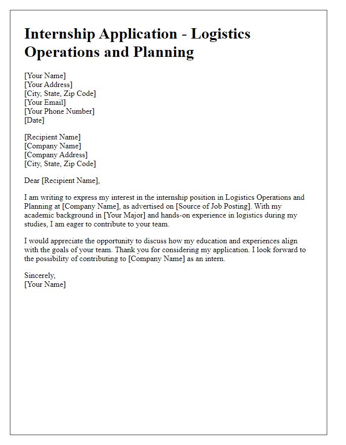 Letter template of internship application in logistics operations and planning.