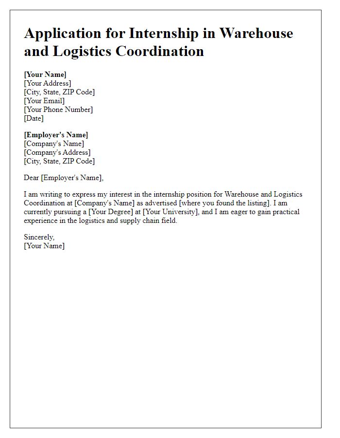 Letter template of internship application for warehouse and logistics coordination.