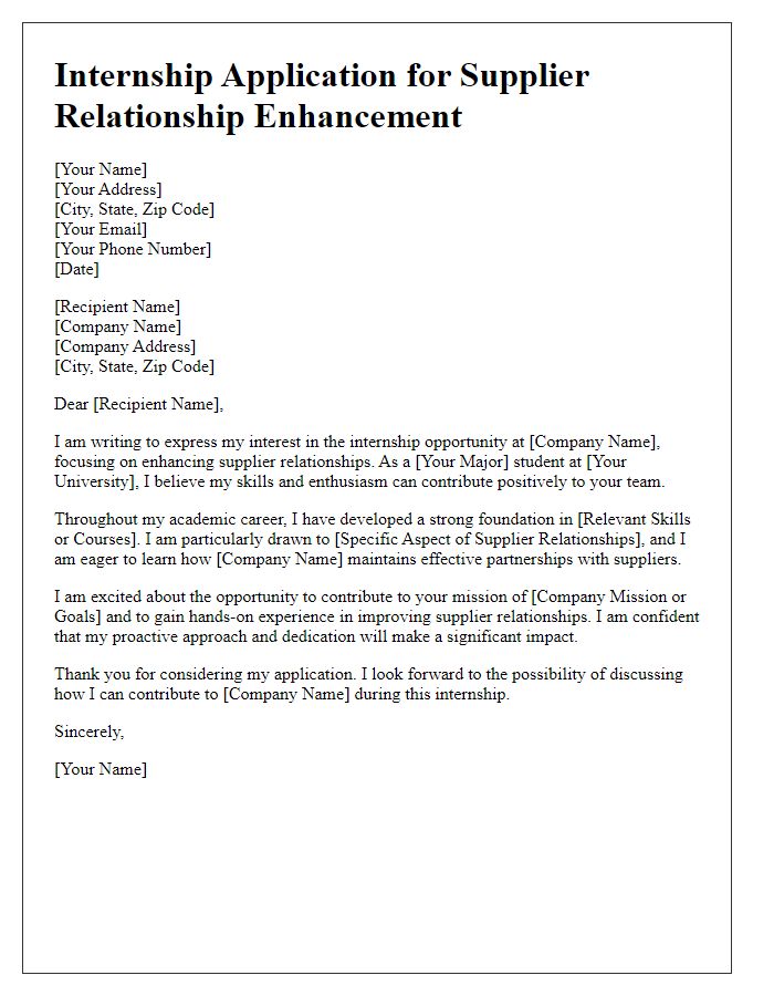 Letter template of internship application aimed at enhancing supplier relationships