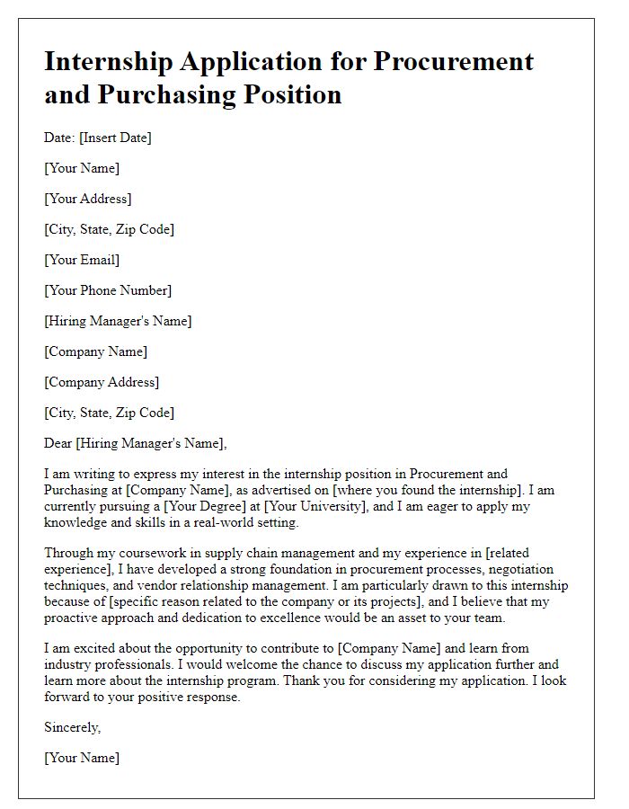 Letter template of internship application for procurement and purchasing position