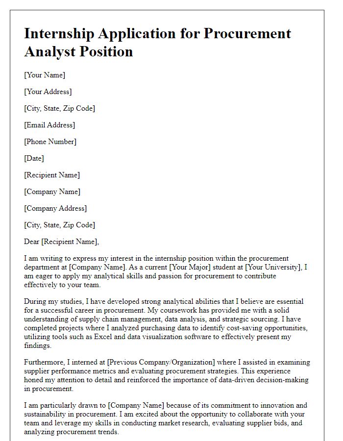 Letter template of internship application showcasing analytical skills in procurement