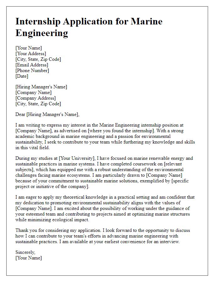 Letter template of internship application for marine engineering with a focus on environmental sustainability.