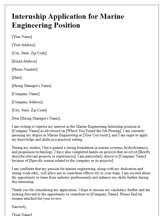 Letter template of internship application for marine engineering position.