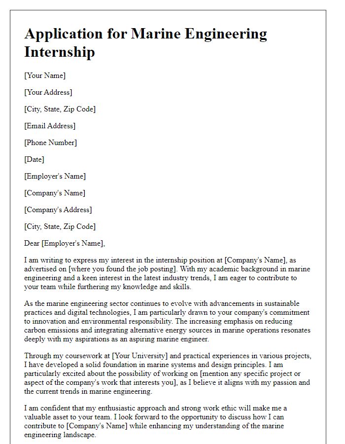 Letter template of internship application for marine engineering referencing industry trends.