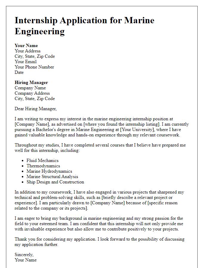 Letter template of internship application for marine engineering with relevant coursework.