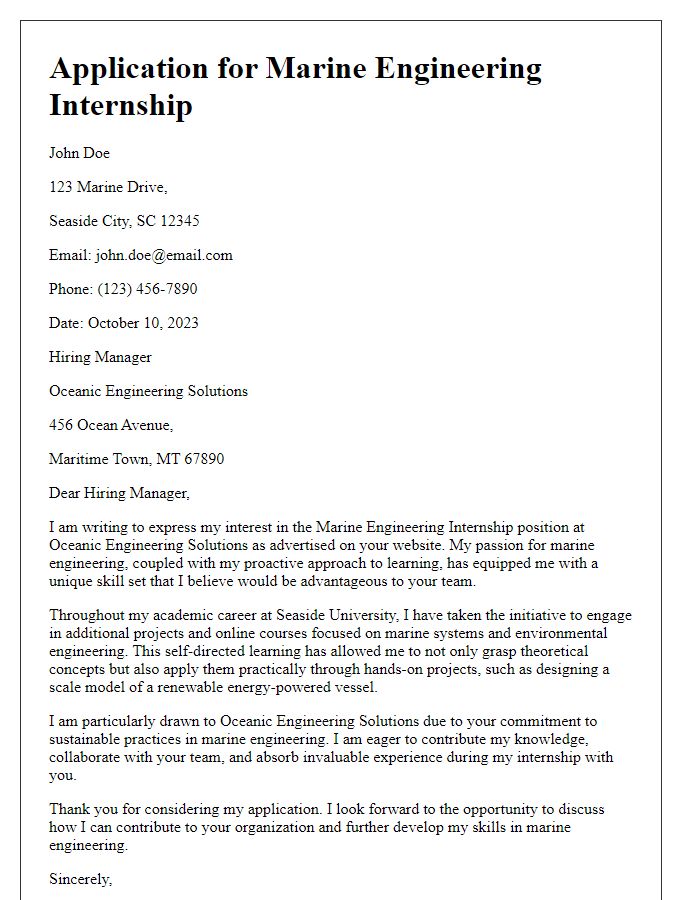 Letter template of marine engineering internship application demonstrating initiative in learning.