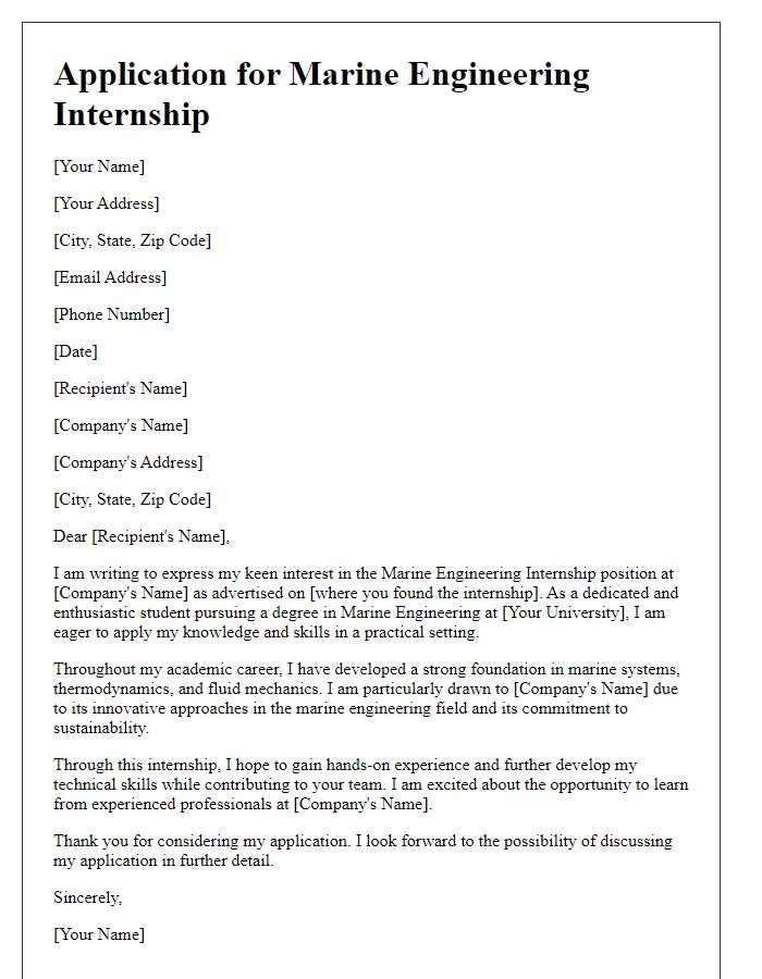 Letter template of marine engineering internship application expressing keen interest.