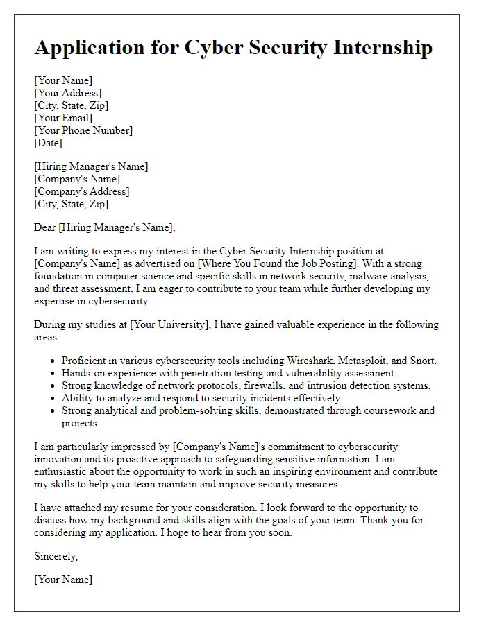 Letter template of cyber security internship application emphasizing skills.