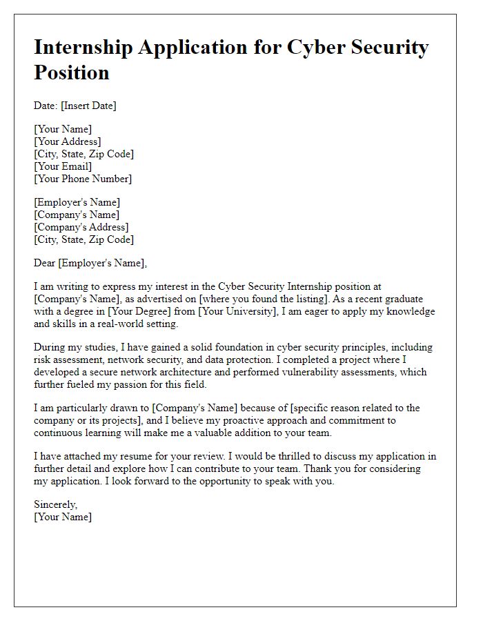 Letter template of cyber security internship application for recent graduates.