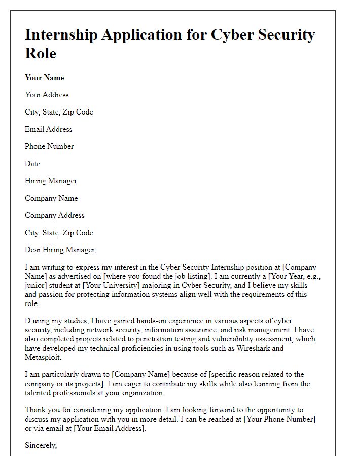 Letter template of internship application for cyber security role.