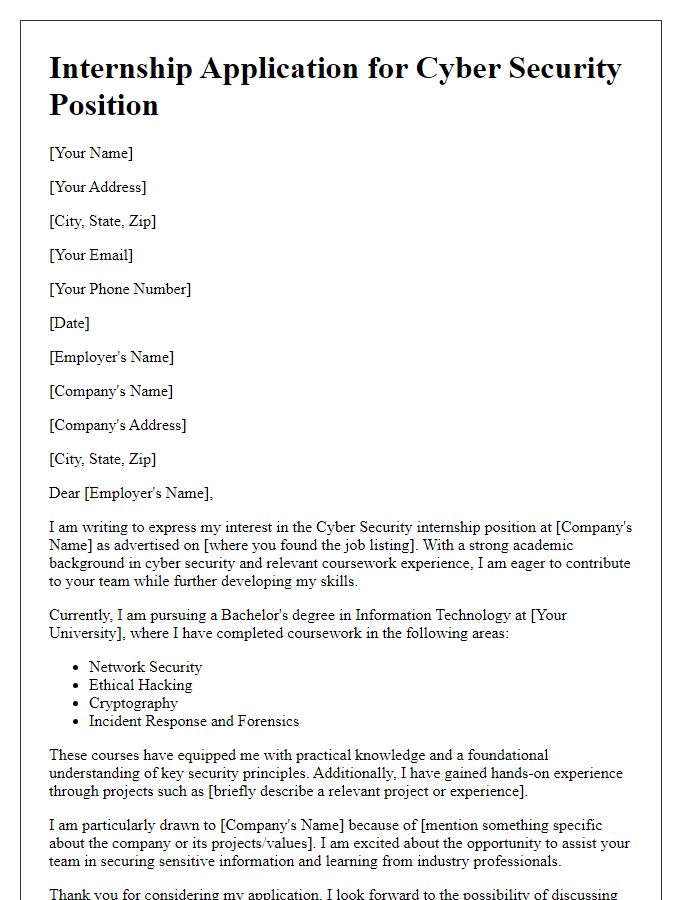 Letter template of internship application highlighting relevant coursework in cyber security.