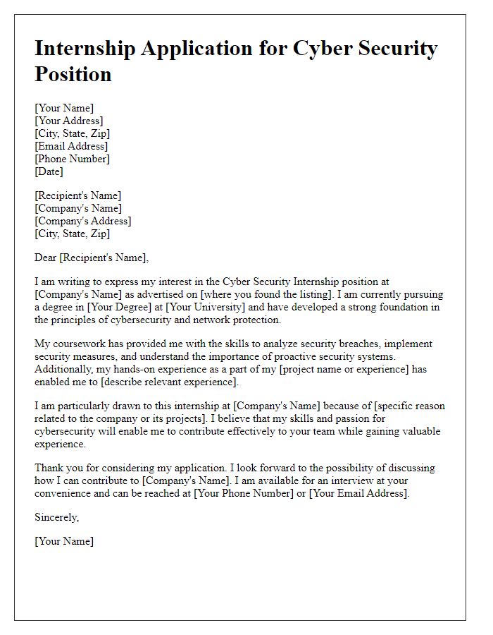 Letter template of internship application in cyber security with cover letter.