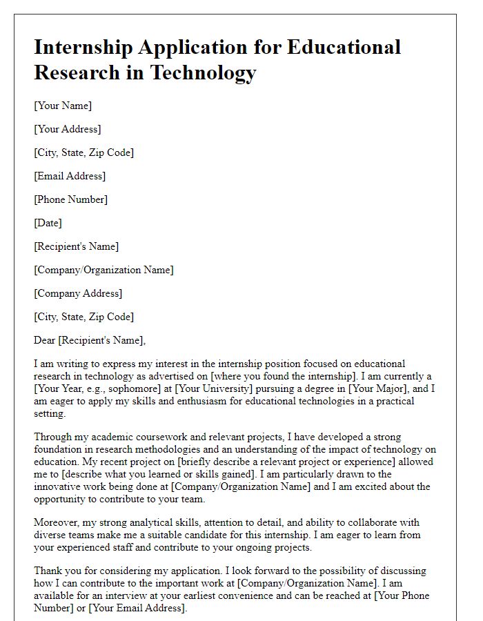 Letter template of internship application for educational research in technology