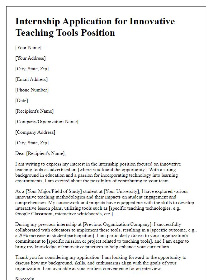 Letter template of internship application emphasizing innovative teaching tools