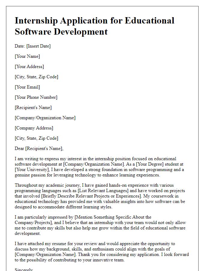 Letter template of internship application focusing on educational software development