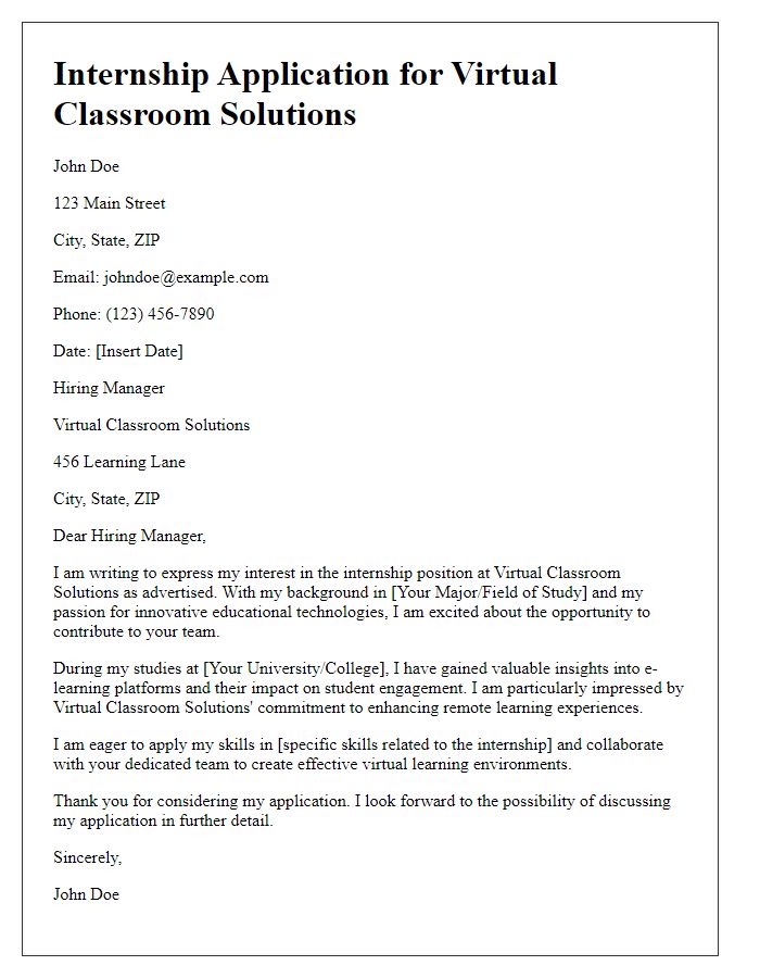 Letter template of internship application in virtual classroom solutions