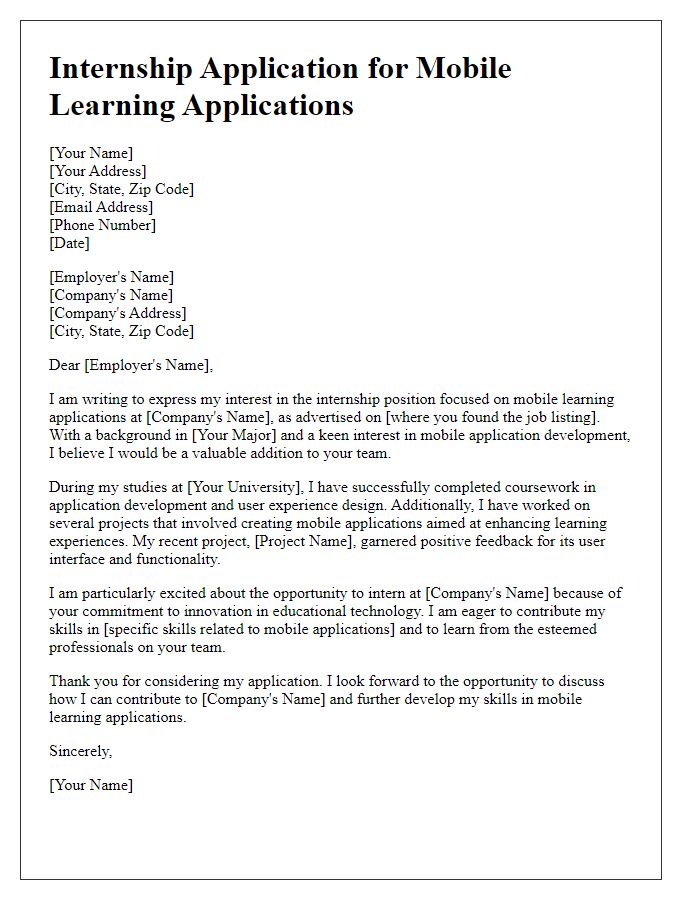 Letter template of internship application for mobile learning applications