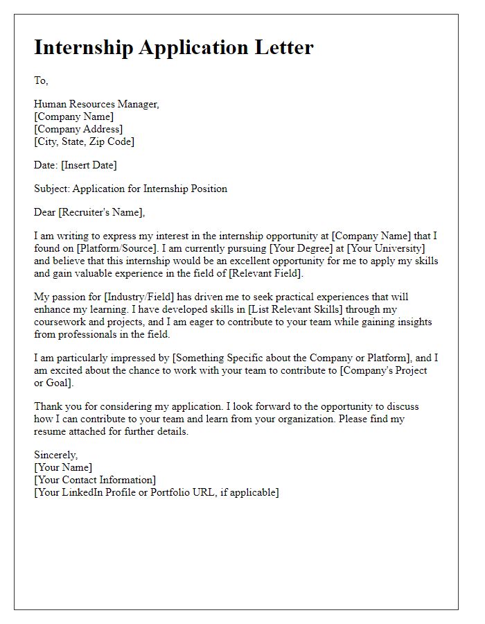 Letter template of internship application for online learning platforms