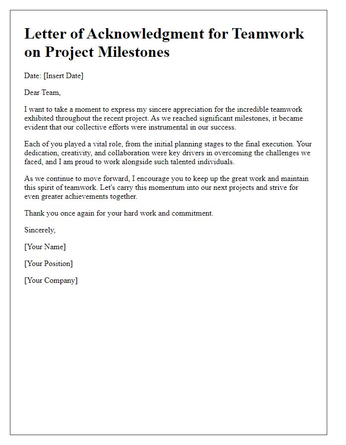 Letter template of acknowledgment for teamwork on project milestones.