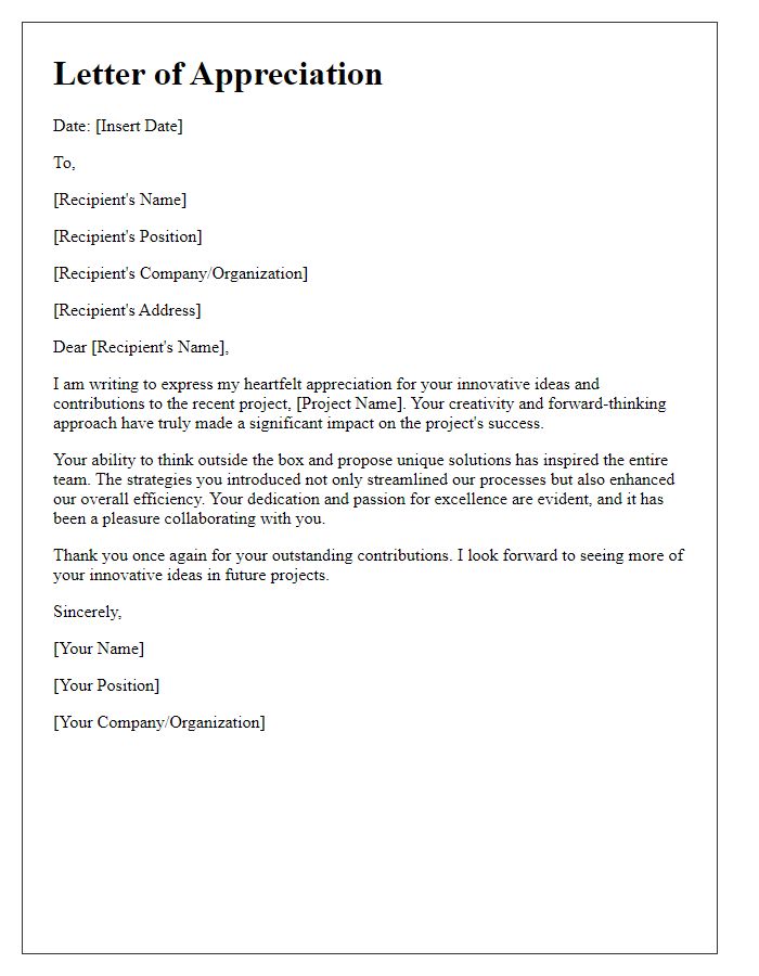 Letter template of appreciation for innovative ideas in project work.