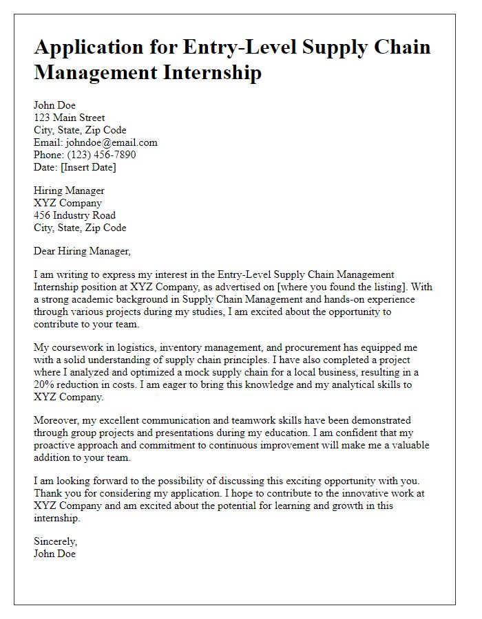 Letter template of application for an entry-level supply chain management internship