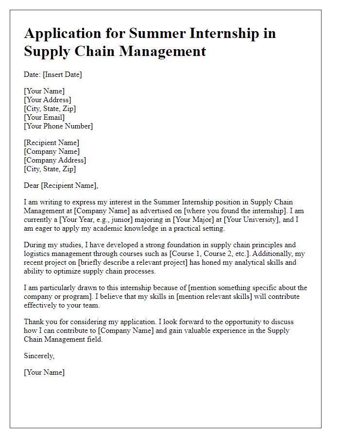 Letter template of application for a summer internship in supply chain management