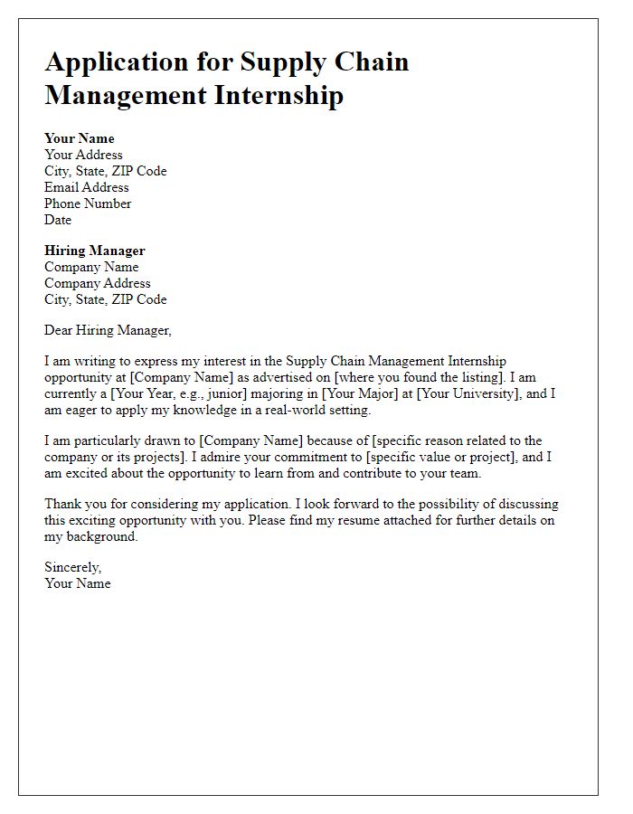 Letter template of application for supply chain management internship opportunity