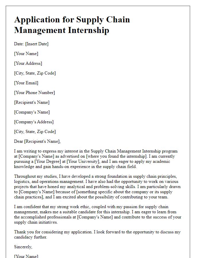 Letter template of application for a supply chain management internship program